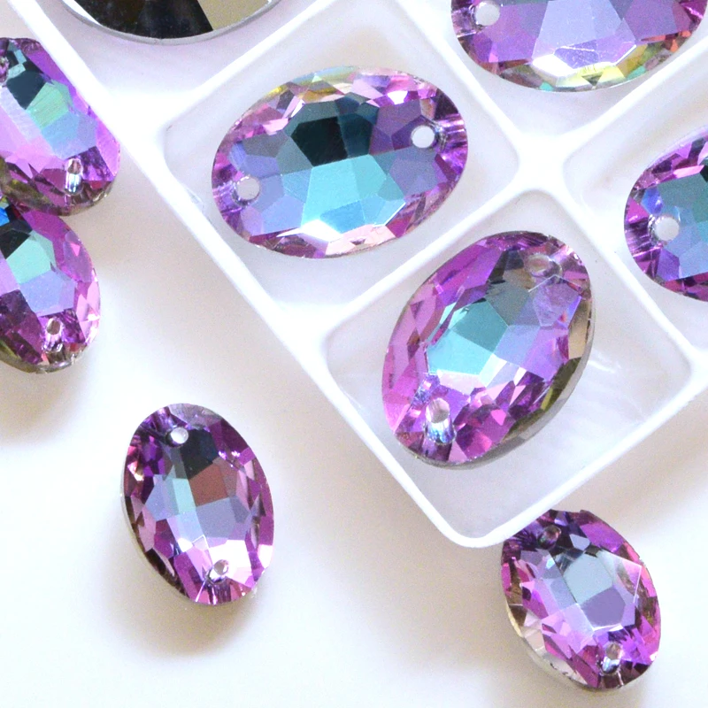 

Hight quality crystal sewing on rhinestones oval shape two holes pointback rhinestone Colorful Glass Stone for dress