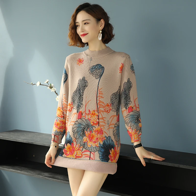 Winter Thermal Sweater Women Floral Sweaer Dress Elegant Printing Thicken Warm Knit Dress Pullover