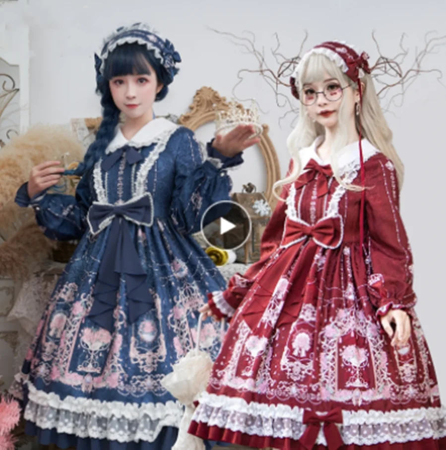 Kawaii ragazza gothic lolita op Dolce vestito dalla principessa lolita retro del merletto di bowknot del collare del peter pan a vita alta stampa abito vittoriano