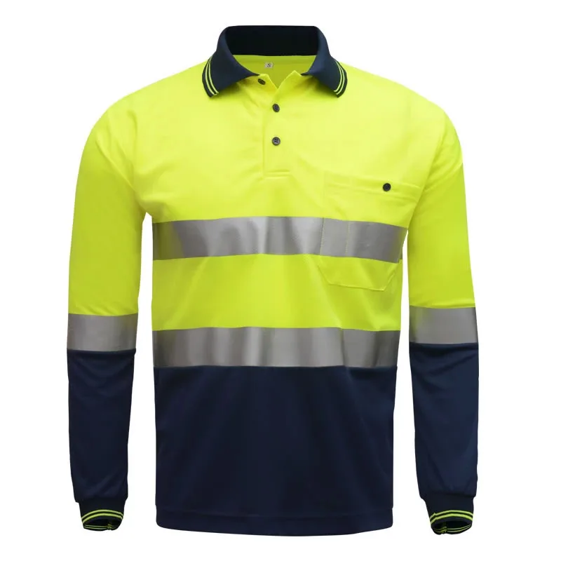 Two Tone Long Sleeve Safety Polo Shirt High Visibility Reflective Shirt With Pockets Hi Vis Work Shirt