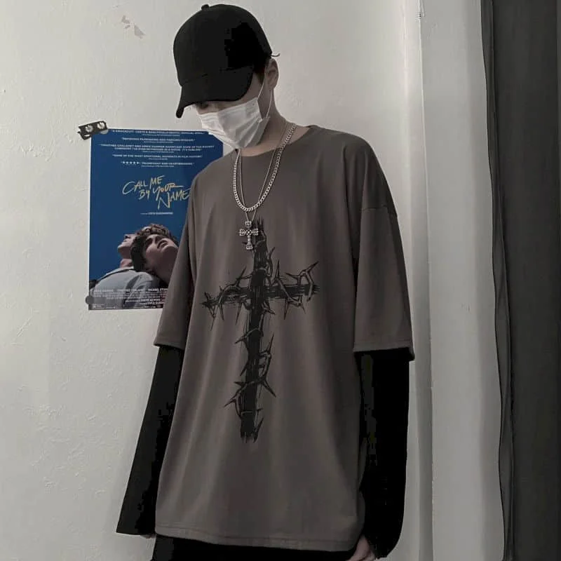 T-shirt Cross of Thorns Fake Two-piece Men Women Long-sleeved Dark Hip Hop Loose Large Size Autumn New Trend Tops T Shirt Male