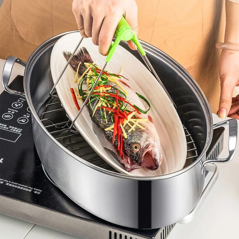 Stainless Steel Fish Steamer - Multi-Use Oval Roasting Cookware & Hotpot with Rack, Ceramic Pan, Chuck - Pasta Pot/Stockpot