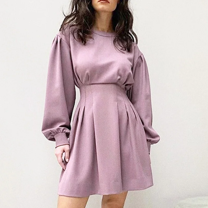 

Purple Lantern Sleeve Mini Dress Women Ruffles Casual O-neck High Waist Slim Female Dresses Autumn Office Lady Elegant Vestidos