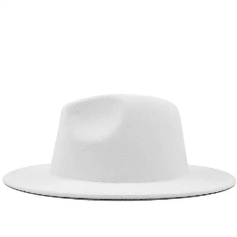 Outer white New Inner yellow Wool Felt Jazz Fedora Hats with Thin Belt Buckle Men Women Wide Brim Panama Trilby Cap 56-58CM