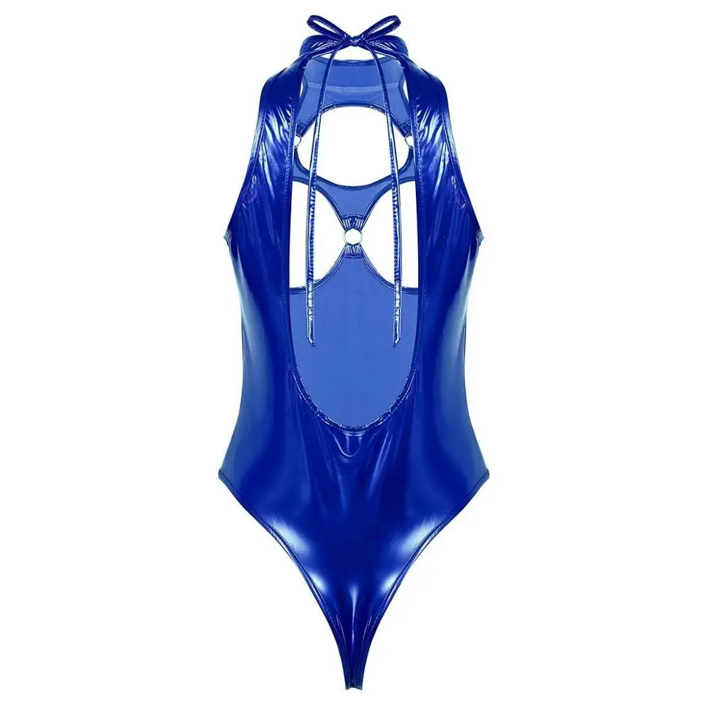 Sexy Fetish Patent Leather Open Crotch Thong Leotard Metal Ring Cupless Wet Look One Piece Teddies Bodysuit Swimsuit Lingerie