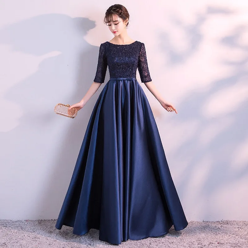 

New 2020 Long Formal Evening Dresses Elegant Lace Satin Navy Blue Vestidos Women Party Gown