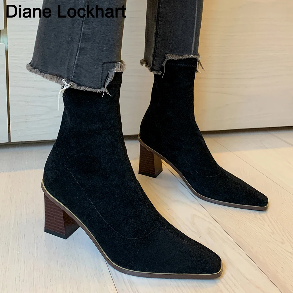 Autumn Winter Fashion Women Boots Square Toe Yarn Elastic Ankle Boots Kid suede Thick Heel Shoes Female Socks Boots bota feminin