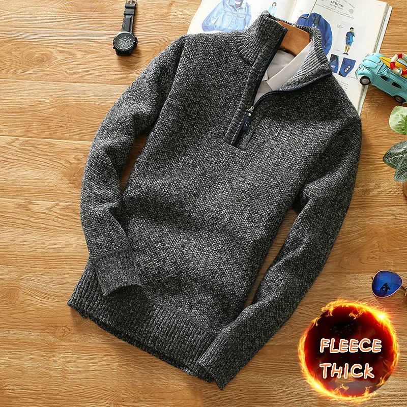 Maglione invernale da uomo in pile più spesso mezza cerniera dolcevita Pullover caldo maglioni di lana lavorati a maglia Slim maschili di qualità per la primavera