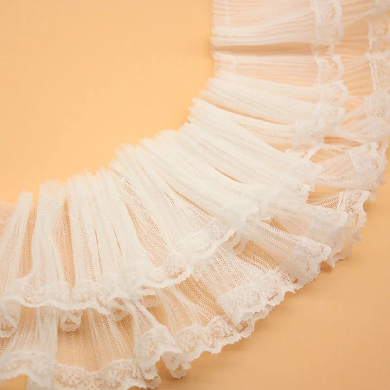 9CM Wide Two-Layer Embroidery Flower Tulle Mesh Lace Fabric Trim Ribbon DIY Sewing Ruffle applique collar fringe wedding decor