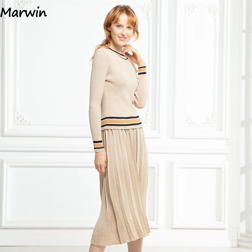 Marwin New-Coming Autumn Spring Warm Soft High Street Style Women\'s Sets Casual Mid-Calf Skirts Elastic Waist Silm Sweaters Sets