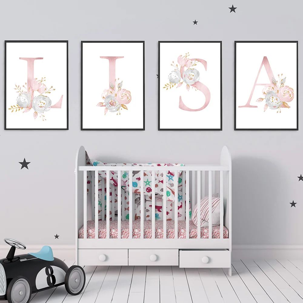Baby Posters Personalized Girl's Name Custom Poster Nursery Prints Pink Flowers Wall Art Canvas Painting Pictures For Girls Room