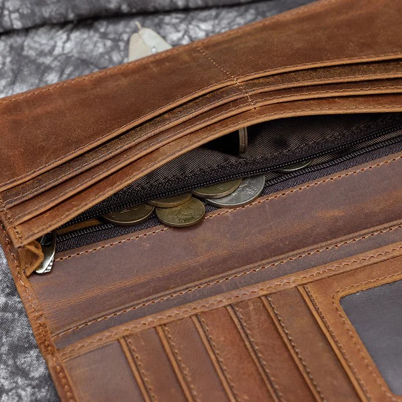 Luufan wysokiej jakości prawdziwy długi portfel ze skóry Bifold mężczyźni torebka ze zdjęciem moneta wizytówka Slot skórzany portfel męski brązowy — zdjęcie 7