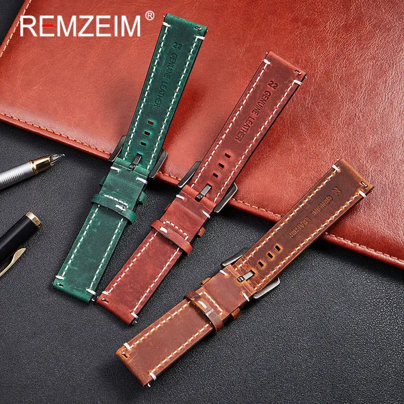 REMZEIM Genuine Leather Watchbands Bracelet Black Blue Gray Brown Cowhide Watch Strap Women Men 18mm 20mm 22mm 24mm Wrist Band