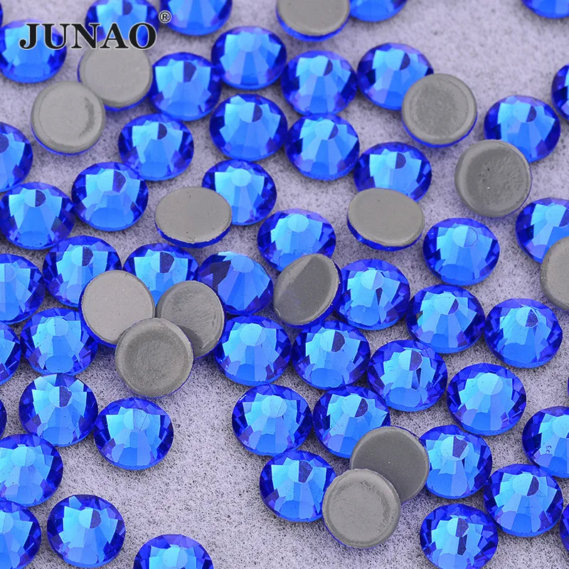 JUNAO SS6 8 10 16 20 30 Sapphire HotFix FlatBack Rhinestones Glitter Strass Iron on Crystal Stones for Fabric Garment