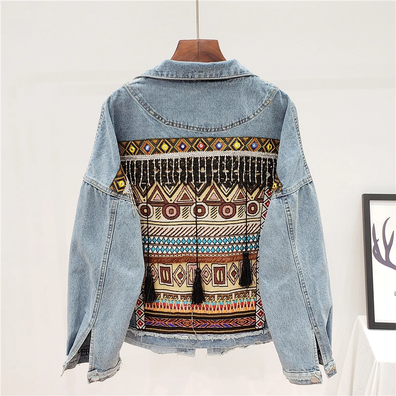 2024 Autumn Denim Jacket Vintage Jeans Jacket Coat Women Tassel Embroidery Flowers Denim Coat Loose Long Sleeve Female Outwear