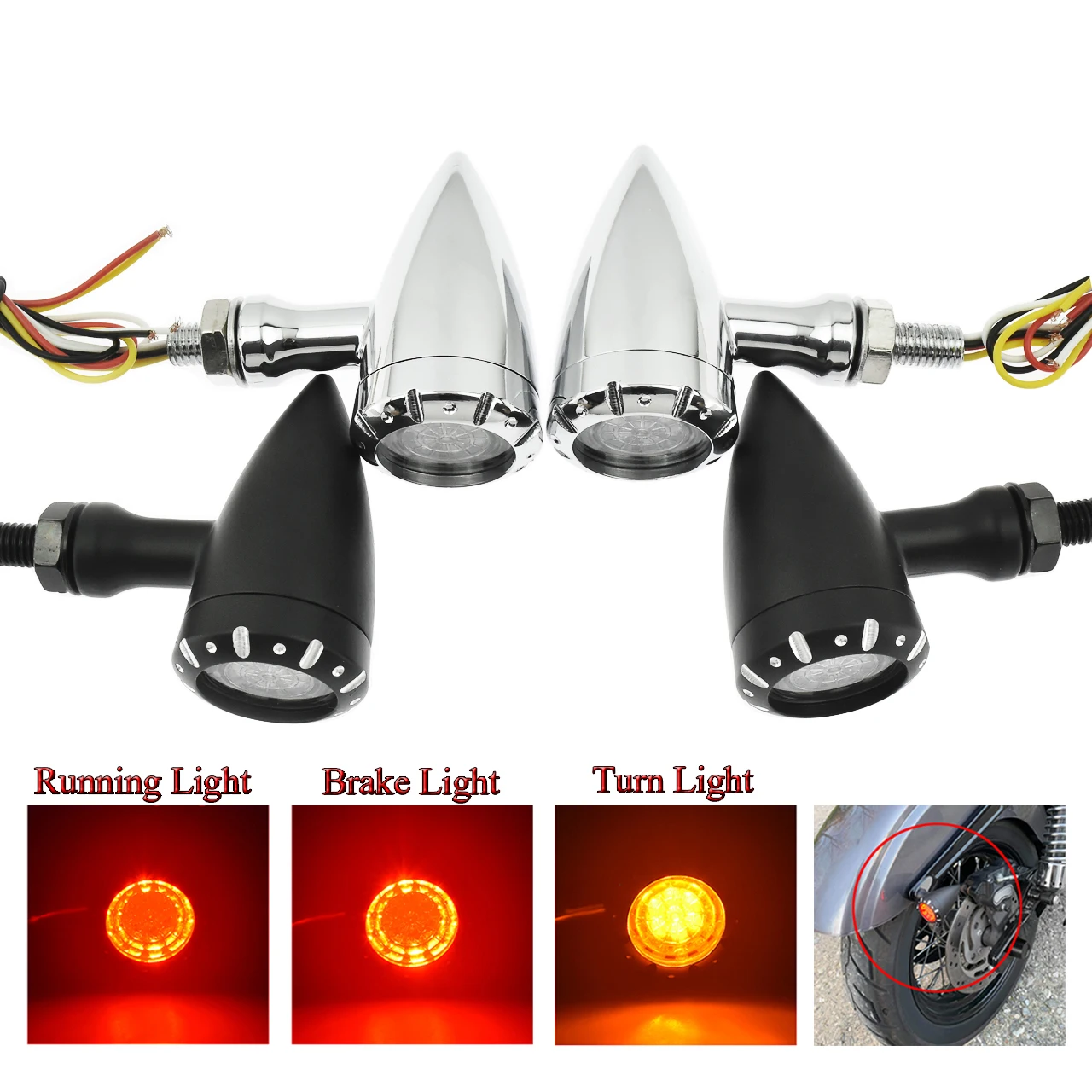 Motorcycle 10mm Vintage LED Turn Signal Blinker Amber Indicator Light Black/Chrome For Harley Chopper Cruiser Bobber Cafe Racer