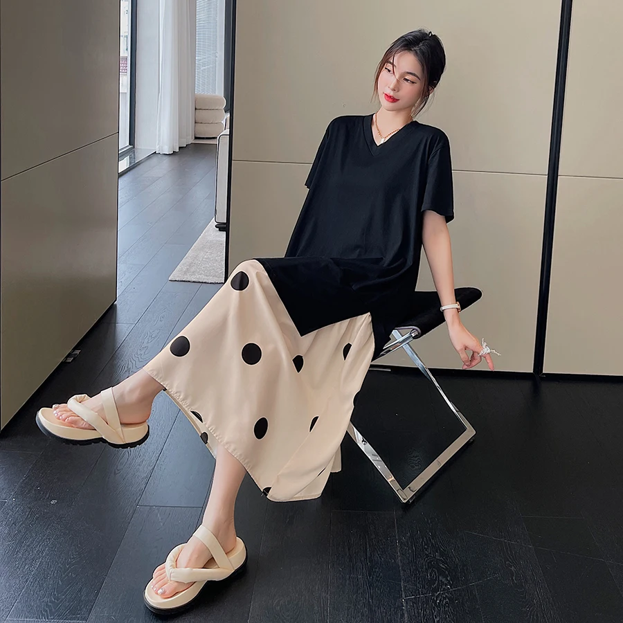 NYFS 2024 Summer New Korea Loose Woman Dress Vestidos Robe Elbise Fashion Cotton Patchwork Big Wave Point Fake Two Pieces Dress