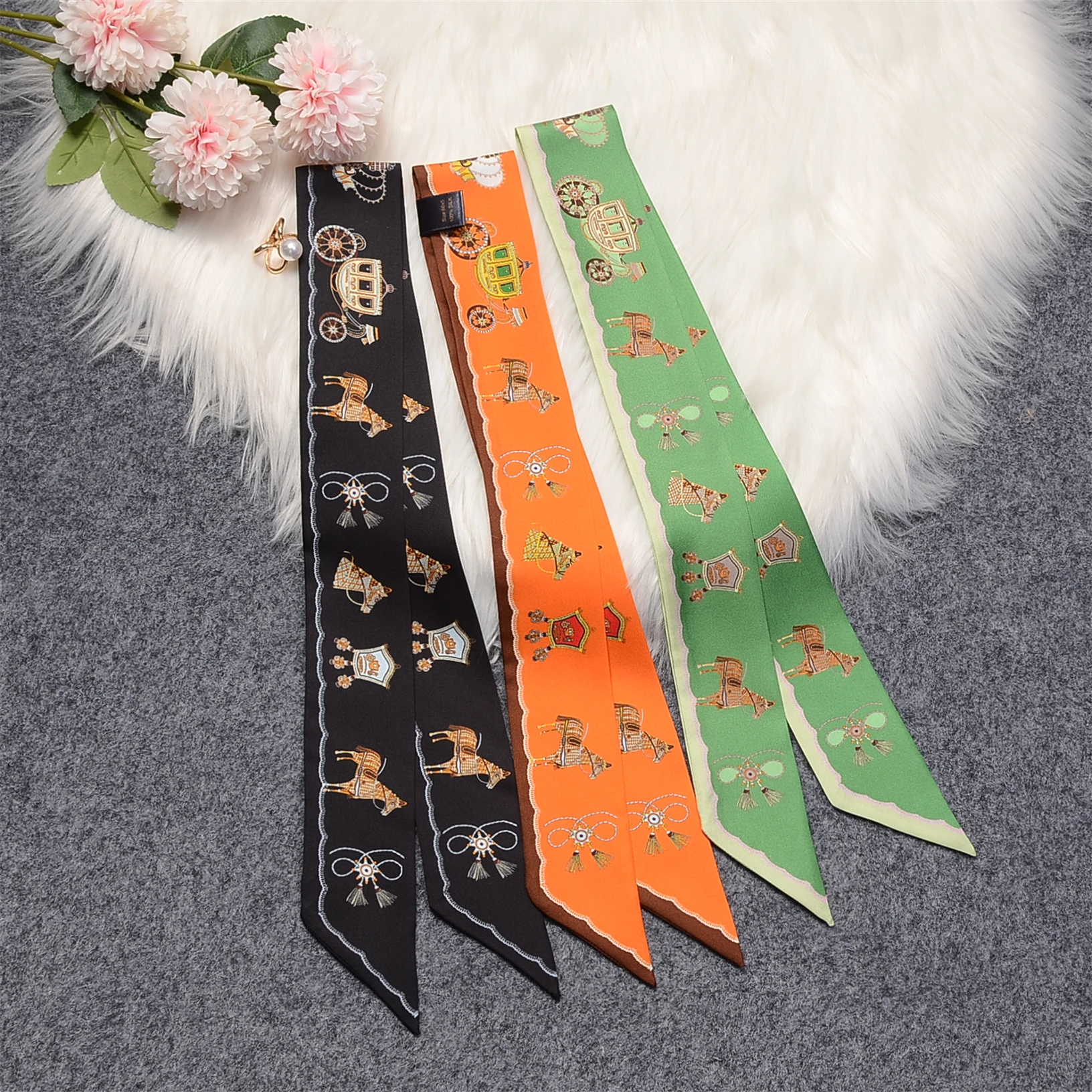 Fashion Design 100% Silk Scarf Small Horse Natural Mulberry Silk Brand Women Scarf Foulard Hair Bag Scarves Neckerchief