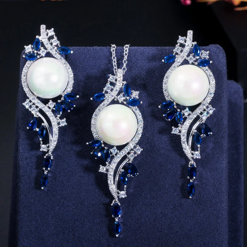 CWWZircons Elegant Design Green Cubic Zirconia Crystal Long Pearl Drop Earring Necklace Vintage Jewelry Set for Women T379