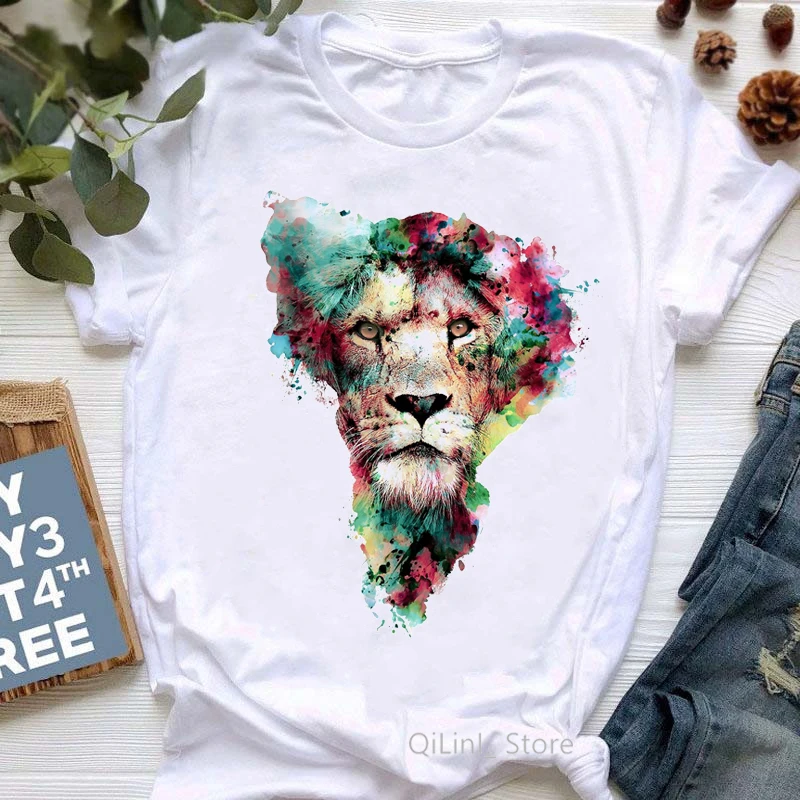 

Women's Clothes 2024 Watercolor Wolf/Lion/Owl/Deer/Tiger Print Hip Hop T Shirt Femme Aesthetic Clothes Geek Top Cool Streetwear