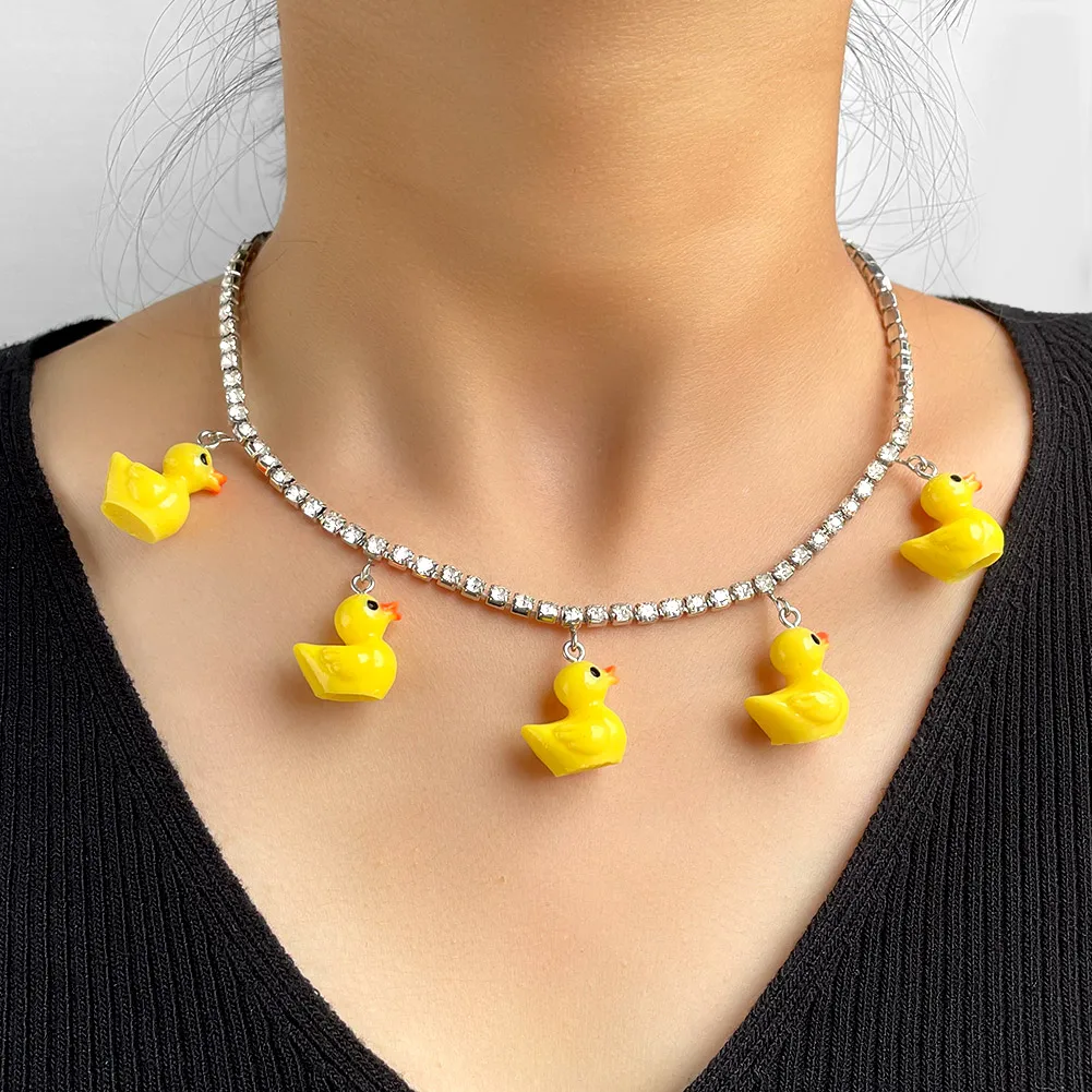 Fashion Cute Cartoon Little Yellow Duck Charms Pendant Necklace for Women Shining Crystal Tennis Chain Necklace Creative Jewelry