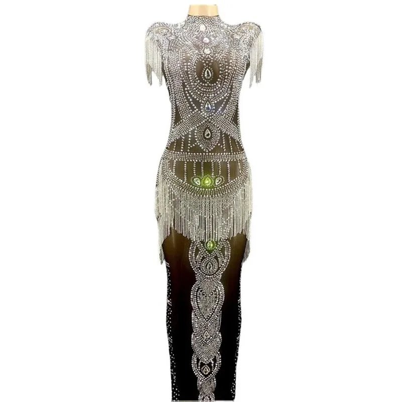 Silver Crystays Fringes Black Mesh Transparent Long Dress Evening Birthday Celebrate Luxurious Costume Stretch Flashing Dress