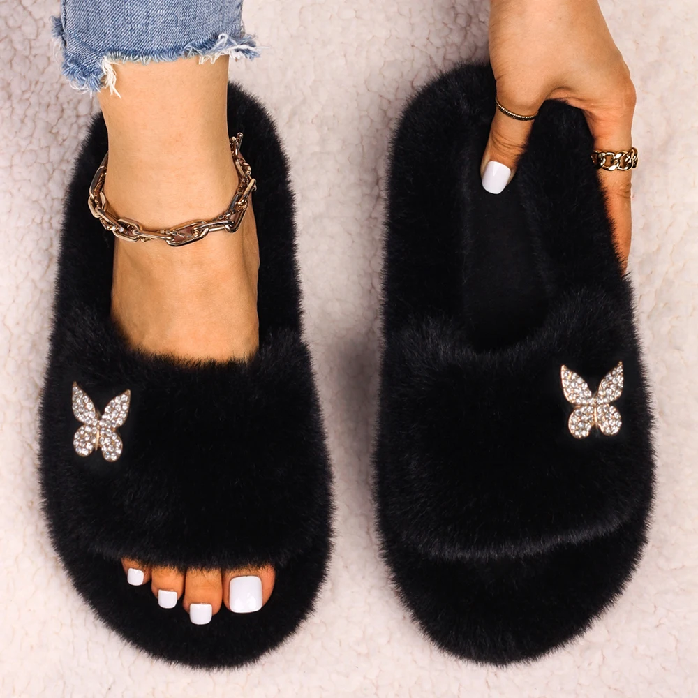 

Women's Slippers Furry Slides Fluffy Sandals Luxury Rhinestone Butterfly Faux Fur Slippers Ladies Flip Flop Female Fashion Shoes