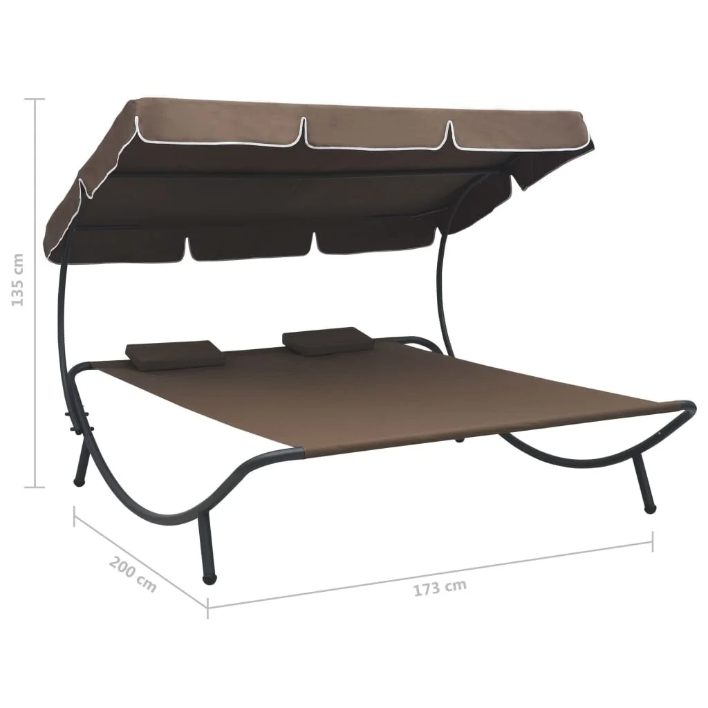 Outdoor Draagbare Dubbele Chaise Lounge Bed Zon Bed Met Verstelbare Luifel En Hoofdsteun Kussens Grijs/Bruin/Wit [ons-Depot]