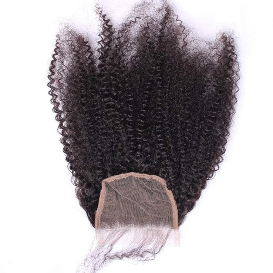 Afro kinky encaracolado feixes de cabelo humano 50 g/pc peruano remy cabelo 3/4 pacotes com 4x4 fechamento do laço extensões de cabelo encaracolado curto