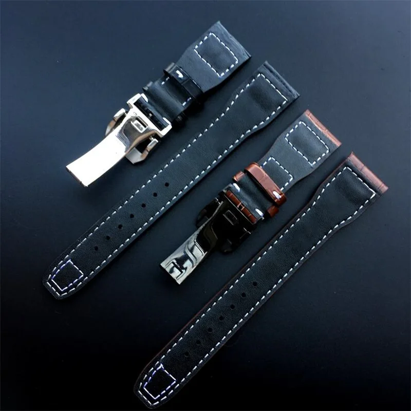 High Quality Genuine Leather Watchband 22mm Black Brown Folding Buckle Rivet Calfskin Strap Fit For IW C Pilot's Portofino Watch