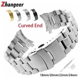 Stainless Steel Watchband 18 20 22 24mm Universal Arc Interface Curved End Straps Wristband Safety Folding Buckle Accessories