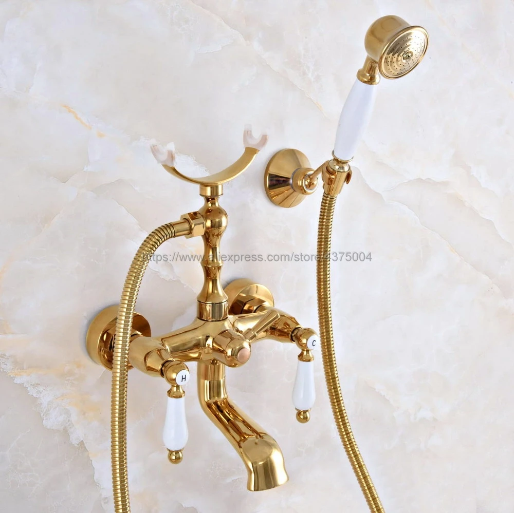 

Bathtub Faucets Gold Color Brass Bathroom Clawfoot Bath Tub Faucet Mixer Tap Ceramic Handle Hand Shower Head Nna911