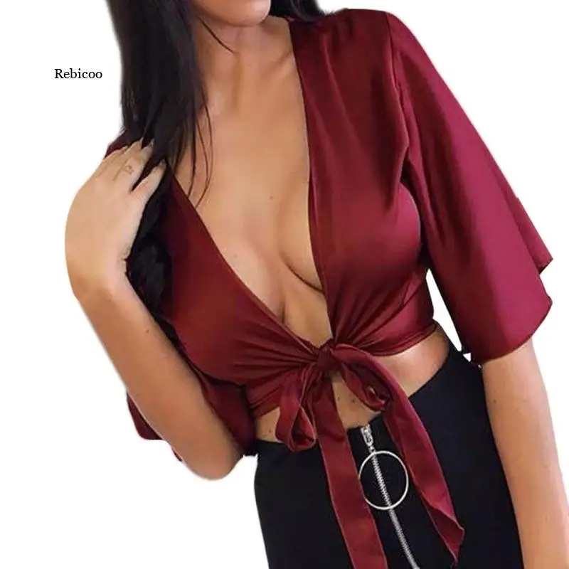 Women Shirt Front Flared Short Sleeve Plunge Neck Crop Top Ladies Satin Tie Knot Soft Deep V Neck Solid Shirts New