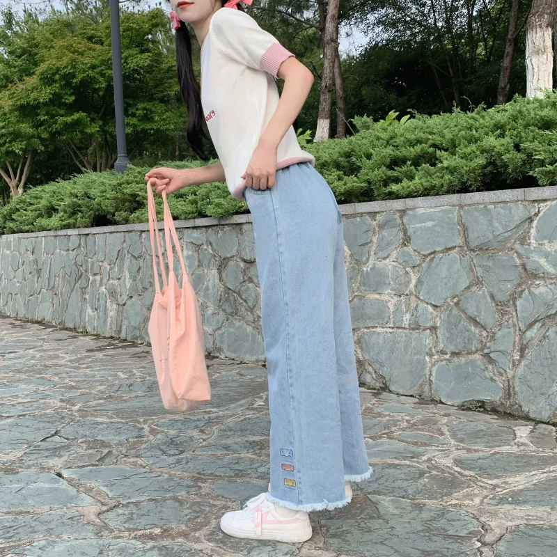 Harajuku Kawaii Embroidery Retro Denim Pants Women Bottoms Girls Wide Leg Jeans Graphic High Waist Summer Fashion Casual Trouser