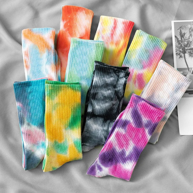 Calcetines de algodón Tie-dye para hombre y mujer, medias de alta tendencia urbana, de color sólido, estilo Hip Hop, baloncesto y monopatín