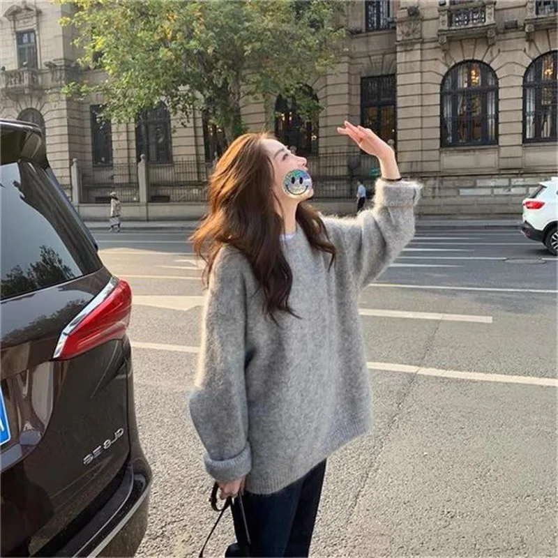 2023 High Quality Women Purple Knitted Pullovers New Designer Autumn Winter O Neck Soft Mink Cashmere Loose Sweater Lazy Style