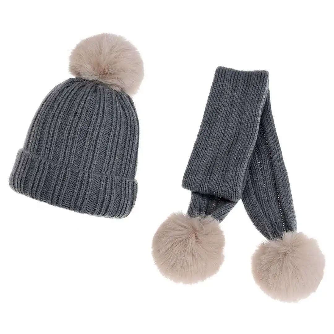 New Drawable Children\'s Pompom Knit Hat Scarf Set Autumn and Winter Boys and Girls Warm Three-piece Set