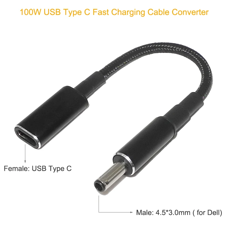 Type C to 4.5x3.0mm Plug Converter 100W USB C PD Fast Charging Cable for HP Dell Laptop Charger Adapter Connector Cable Cord