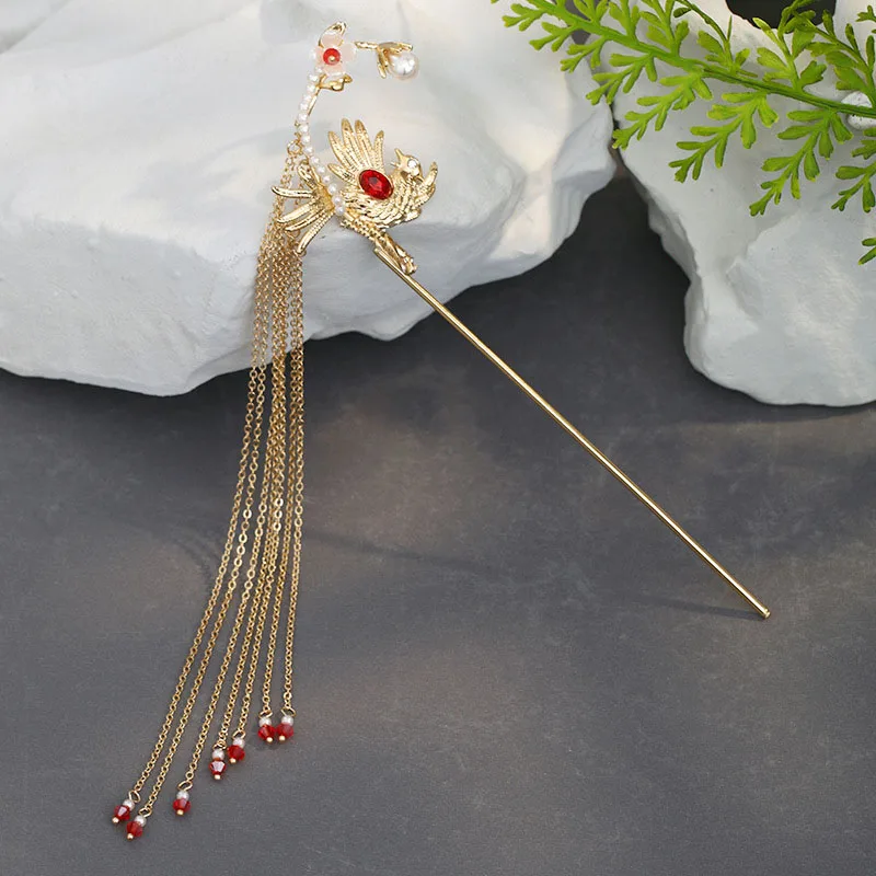 New Traditional Chinese Hanfu Dress Hairpins Clips Gold Color Long Tassel Hair Fork Sticks Headpieces for Bride Noiva Wedding