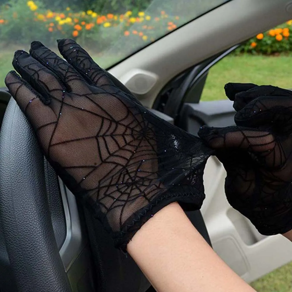 Fashion Sexy Summer Female Full Finger Short Lace Gloves Women Driving Spider Web Pattern Sun Anti-UV Black Gloves