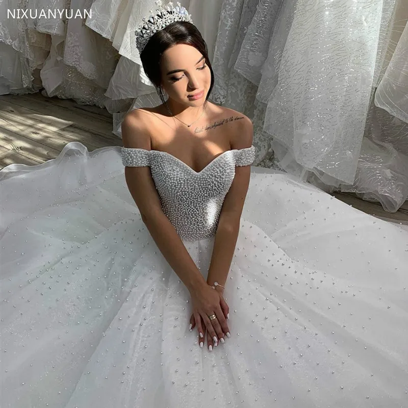 2023 Sweetheart Wedding Dress with Pearls Off Shoulder Dubai for Women Lebanon Bridal Gowns Tulle Elegant Muslim Gorgeous