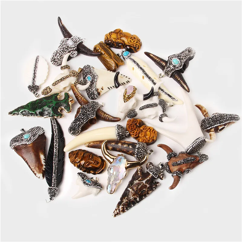 Goth Fashion Retro Stained Bull Bone Feather Cow Tooth Arrow Shape Charm Pendants For Men Hippop Jewelry Making Punk Necklace