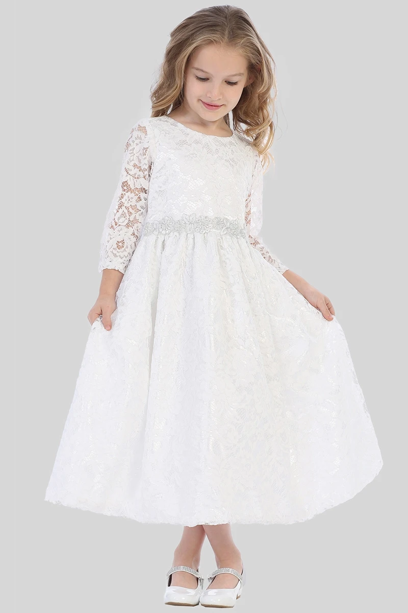 Vestido rendado para meninas, vestido para casamento, manga longa, branco/marfim, para festas e comemoração