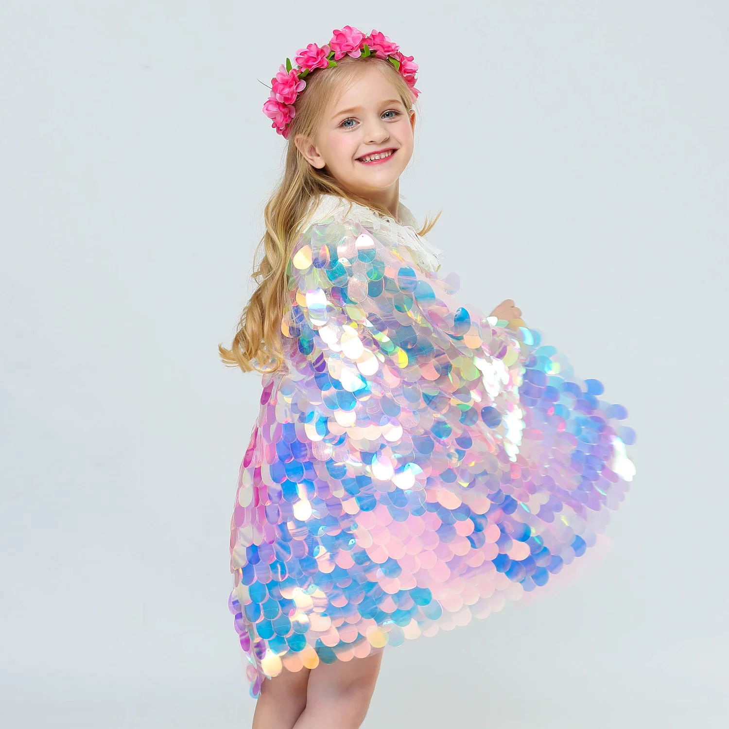 New Little Mermaid Princess Girls Sequins Cape Cloak for Beach Party Clothes Children Rainbow Shawl Cosplay Christmas Wear