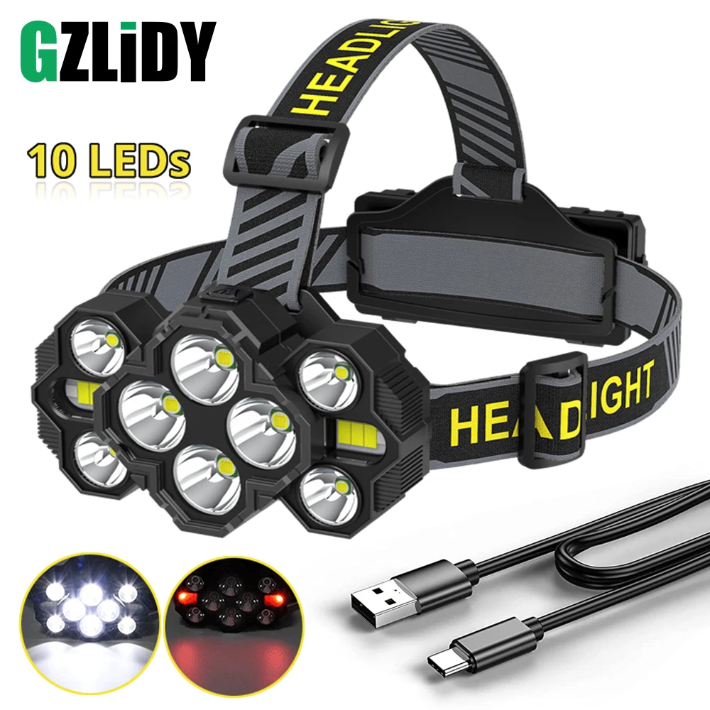 

Powerful 10 LED Headlamp 2000LM Fishing Lantern USB Rechargeable 18650 Headlight Waterproof Camping Flashlight Warning lights