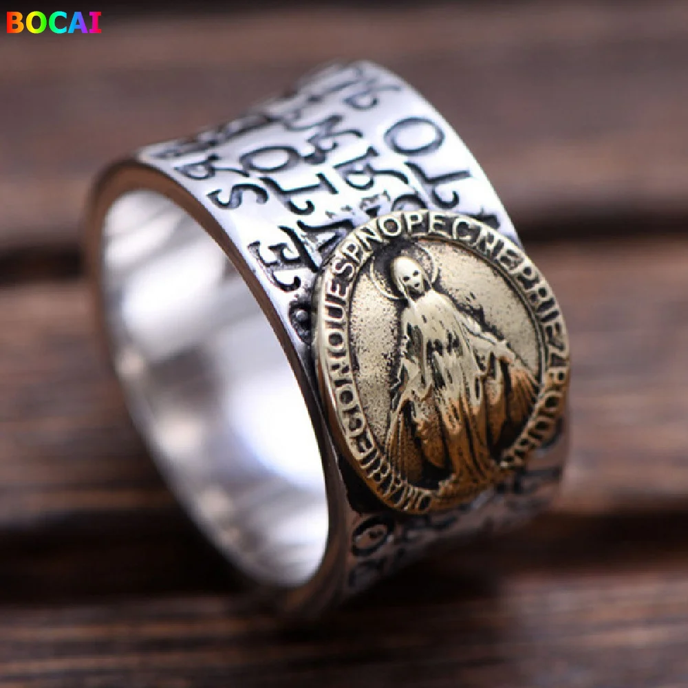 Imagem -02 - Bocai S925 Anéis de Prata Esterlina para Homens e Mulheres Carta Retro Virgem Maria Ornamentos Argentum Puro Charme Jóias Amuleto