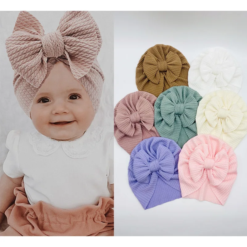 

16 pcs/lot, Waffle Fabric Messy Bow Baby Turban Hat, Knot Floppy Baby Head Wrap, Hospital Baby Hat