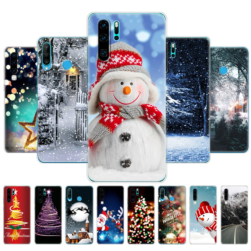 For Huawei P30 Case Huawei P30 Lite Back Phone Cover For Huawei P30 Pro VOG-L29 ELE-L29 Bag winter christmas snow tree new year