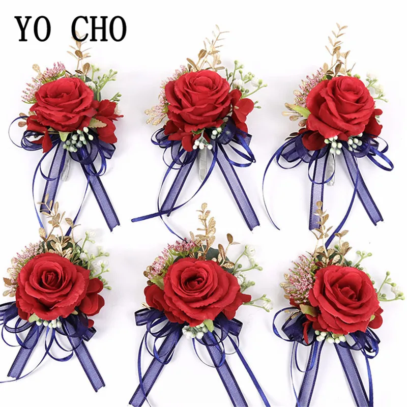 

YO CHO Silk Rose Boutonniere Wedding Corsage Bracelet Bridesmaids Ribbon Decor Groom Boutonniere Wedding Marriage Corsage Flower