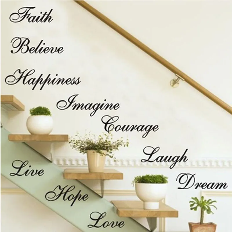 Quote Love Laugh Dream Believe Imagine Faith Courage Happiness Hope Stair Elevator Wall Stickers Vinyl 10 Words Decals DW10158